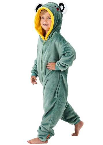 YLLSOPHAN Boys Girls Animal Pattern Frog Hooded Onesie Pyjamas Sleepsuit Soft Fleece Extra Thickness (UK, Age, 5 Years, 6 Years, Regular, Frog)