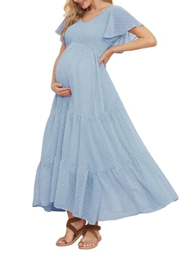 Swiss Dot Smocked Maternity Dress for Baby Shower Photoshoot Casual V Neck Ruffle Sleeve Empire...