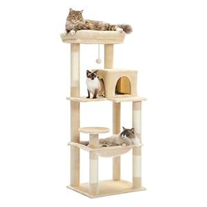 MUTTROS Cat Tree for Large Cats Adult with Metal Plush Big Hammock, 56.3″ Cat Tower with 2 Door Condo House, 6-Tier Cat Shelves with Scratching Posts and Large Top Perch, Beige