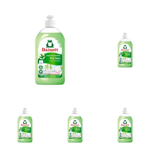 RAINETT - Liquide Vaisselle Mains - Formule Hypoallergénique - Préserve les Peaux Sensibles - Flacon Recyclé & Recyclable - Ecolabel - Thé Vert - 500 ml (Lot de 5)