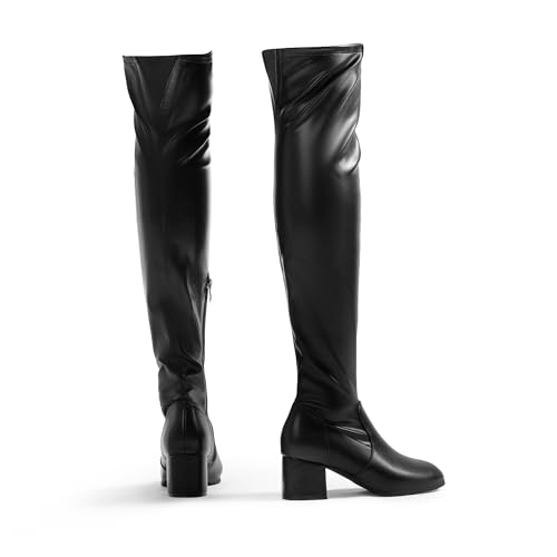 DREAM PAIRS Women's Over The Knee Thigh High Chunky Heel Boots Long Stretch Sexy Fall Boots,Size 8,Black-Pu,DWUMOB2409