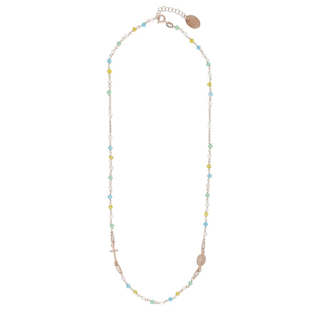Linea Italia Gioielli - Collar Rosario para Mujer en Plata 925 Rosa con Cruz, Medalla Virgen y Piedras Multicolores Pastel - Joya Certificada Made in Italy