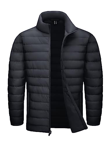 TACVASEN Men's Lightweight Quilted Jacket Warm Puffer Down Coat without Hood Windproof Travelling Padded Jackets Black,M