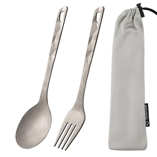 Thous Winds 2 Stück Campingbesteck, Gabel & Löffel Set aus Titan, Wiederverwendbare Multifunktional Tragbare Outdoor Besteck Set für Trekking,...