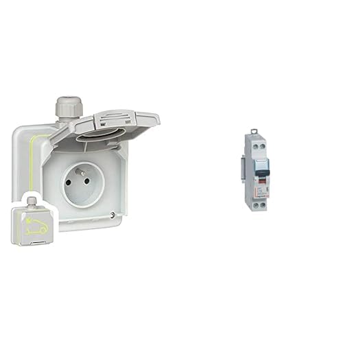 Legrand 090471 Prise Saillie Étanche Green'up Access pour Véhicule Électrique, Modes 1 ou 2, IP66 & 406774 Disjoncteur 16A unipolaire + neutre DNX3 - courbe C - 4,5/6kA - À vis - 1 module