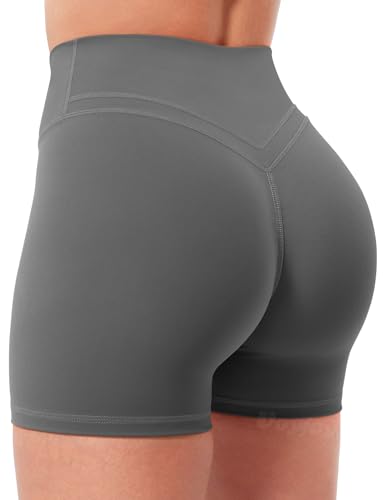 VOYJOY Women Workout Impact Yoga Shorts 4.5" V Cross No Front Seam High Waist Tummy Control Hidden Scrunch Biker Shorts Coal Large