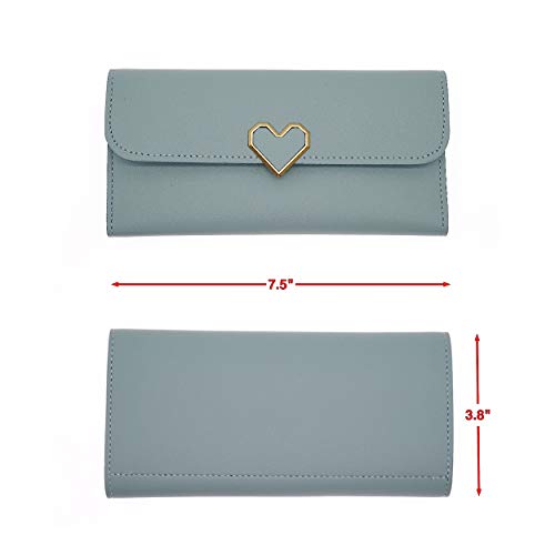 CB Women's Wallet Heart-Shaped Metal Badge Clutch Synthetic Leather Bifold Card Purse Holder Organizer, Large, Light Blue2