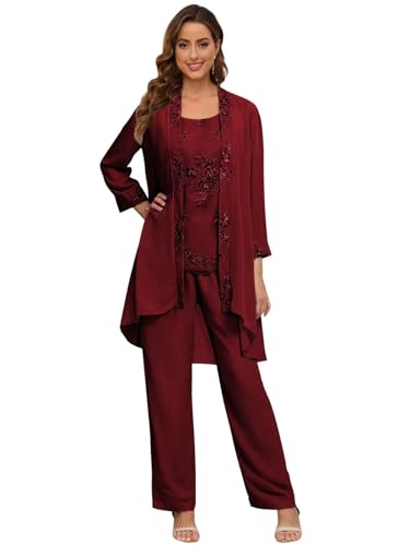 3 Piece Mother of The Bride Pant Suits Wedding - 3/4 Long Sleeve Chiffon Lace Dressy Women Formal Evening Outfit Jacket