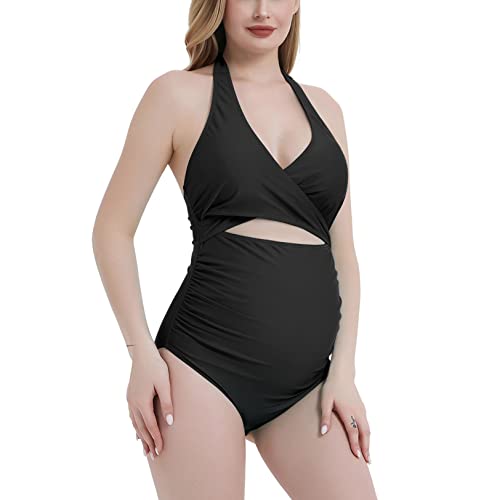 Bhome Maternity One Piece Swimsuit Cross Halter Neck Cutout Pregnancy Swimwear Maternity Bathing Suit Black Xl #TOP1