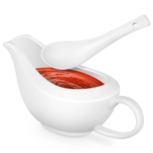 HOLIDYOYO Gravy Boat with Spoon Gravy Server Sauce Boat Ceramic White Gravy Dish Set Sauce Salad Dressing Boat for Gravy Warming Sauces Salad Cream Milk Broth Black Pepper 200ML