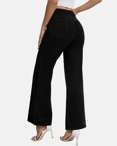 Amzdora Women’s High Waisted Wide Leg Jeans Pull On Stretch Denim Pants Tummy Control Flare Leggings Pants with Pockets, Black, Size 10 - image 2