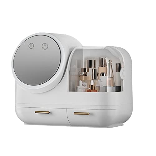 Wearego Make Up Organizer Staubdicht Große Kosmetikbox Aufbewahrung mit Schubladen Ventilator und 360° drehbarem verstellbarem beleuchtetem Schminkspiegel für Badezimmer-Aufsatzkommode Schmink-Weiß Cover