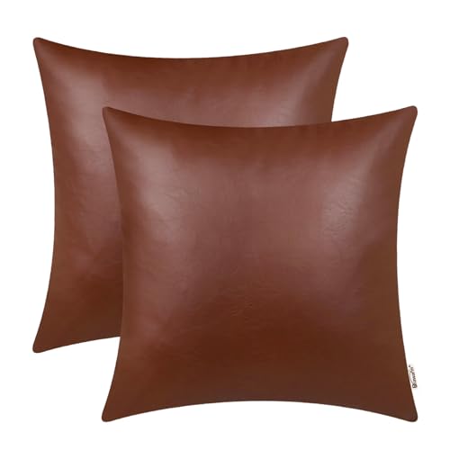 BRAWARM Faux Leather Throw Pillow Covers 22 X 22 Inches - Brown Leather Pilow Covers Pack of 2, Solid Dyed Leather Pillowcases for Couch Bed Sofa Garden Home Decorative