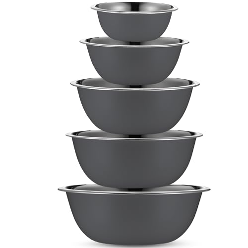 Image of WHYSKO Stainless Steel Mixing Bowls Set, 5-Piece Meal Prep & Food Storage | .75, 1.5, 3, 4 & 5 Quart Metal Mixing Bowls Set for Prep, Serving, Baking & Food Storage, Ecofriendly, Dishwasher Safe, Grey