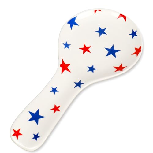 Whaline 9.4 Inch Patriotic Spoon Rest Red Blue Star Ceramic Spoon Holder 4th of July Cooking Spoon Holder for Independence Day Stove Top Kitchen Counter Decor