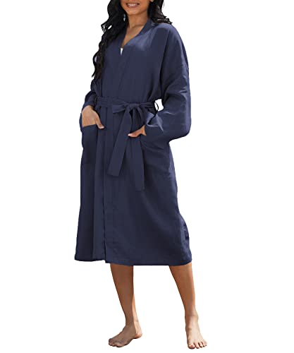Image of Amazhiyu Womens Pure Linen Mid Length Kimono Robes Lightweight Long Sleeve Bathrobe