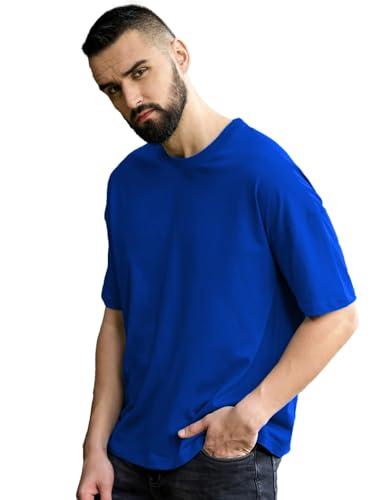 Image of LEOTUDE Half Sleeve Oversized Tshirt for Men, Round Neck Cottonblend Drop Shoulder Solid T-Shirt (Color Multicolor)