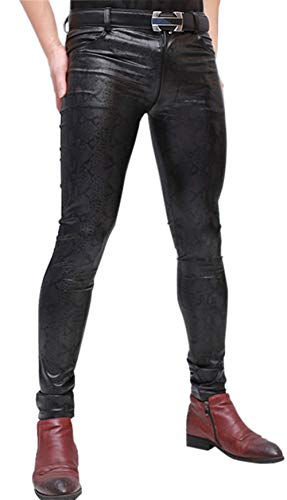 LinvMe Herren Schlangenmuster Kunstleder Hose Reißverschluss Eng Schwarz XL Cover
