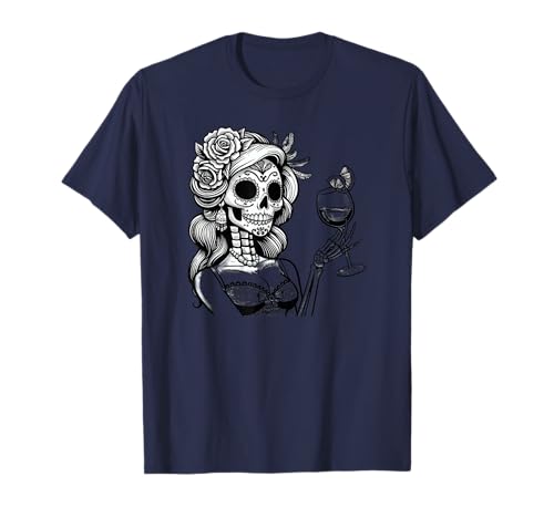 Beber vino De Los Muertos Calavera de Azúcar Día de los Muertos Camiseta
