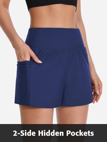 Image of ATTRACO Women's 3 inch High Waisted Swim Board Shorts Pleated Summer Beach Shorts with Pockets