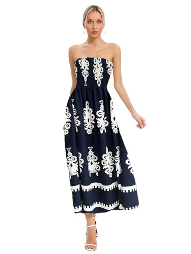 Image of Women Strapless Smocked Flowy Swing Boho Maxi Dress Tube Top Beach Dress | Smocked Bodice Flowy A Line Beach Dress with Pocket Casual Vacation Beach Wedding Guest Dress Off Shoulder Boho Dresses