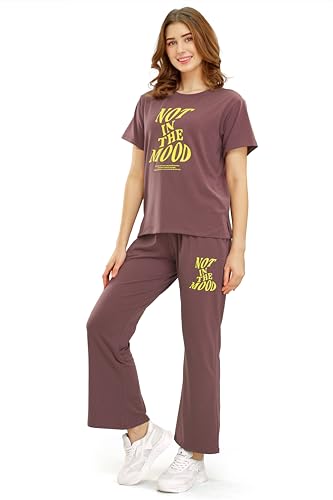 Image of ZEYO Women's Cotton Typography Wide Bottom Night Suit Set of Top & Pyjama