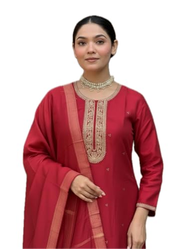 Ensemble kurta en soie mélangée femme vêtement ethnique traditionnel costume 3 pièces rouge XL