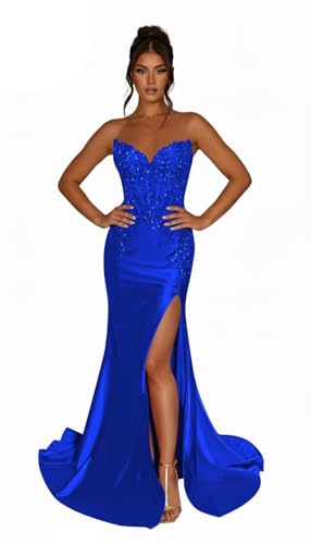 Sleeveless Sequin Prom Dress 2026 Mermaid V Neck Pleats Formal Evening Gowns with Slit for Women US Size 16plus Royal Blue