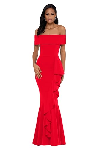 Image of Betsy & Adam Women's Women's Long Off Shoulder Cascade Ruffle Stetch Scuba Crepe Gown