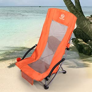 Coastrail Outdoor Beach Chair High Back Folding Mesh Low Seat Sand Chair For Adults With Cooler, Cup Holder & Carry Bag For Camping Lawn Concert Travel Festival, Support 300 Lbs #TOP1
