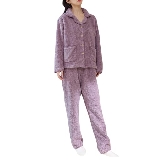 Duohropke Pigiama da donna lungo in flanella, pigiama invernale in caldo pile, biancheria da notte in due pezzi con bottoni, tinta unita, scollo a V, set pigiama per il tempo libero, Lilla, L