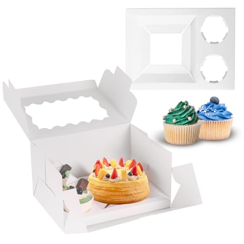 JCD 16 Packs Bento Cake and Cupcake Clear Lid with 2 Cupcake Holes - Cake and Cupcakes Boxes - Pastry Sweets Bento Box with Cupcake Insert for Family Birthday Party Mother's day(1+2/16Pcs)