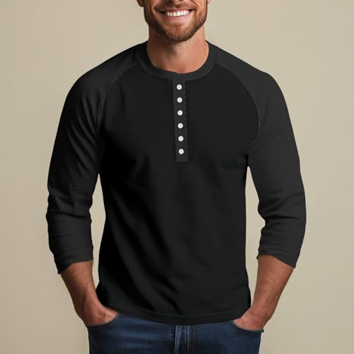 3/4 Sleeve T Shirts for Men Summer Crewneck Button Up Henley Shirt Colorblock Business Casual Tops4