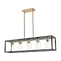 MELUCEE Black Chandeliers Rectangle 5 Lights Dining Room Lighting Fixtures Hanging Over Table, Kitchen Island Lighting Linear Pendant Light Ceiling with Clear Glass Shade and Brushed Brass Socket