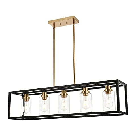 MELUCEE Black Chandeliers Rectangle 5 Lights Dining Room Lighting Fixtures Hanging Over Table, Kitchen Island Lighting Linear Pendant Light Ceiling with Clear Glass Shade and Brushed Brass Socket Cover
