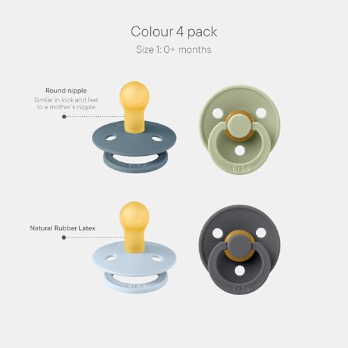 Image of BIBS Pacifiers - Colour 4-Pack | BPA Free Baby Pacifier | Round Nipple Binkies | Natural Rubber Latex Soother | Made in Denmark | Size 1 (0-6 Months) | Baby Blue Mix