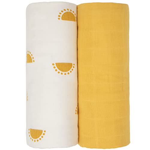 Sticky Toffee Muslin Swaddle Blankets For Baby Girl Or Boy, Soft And Breathable Oeko-Tex Cotton Muslin Baby Blanket, Newborn Swaddling Wrap, Receiving Blanket, 47 In X 47 In, Yellow Suns #TOP20