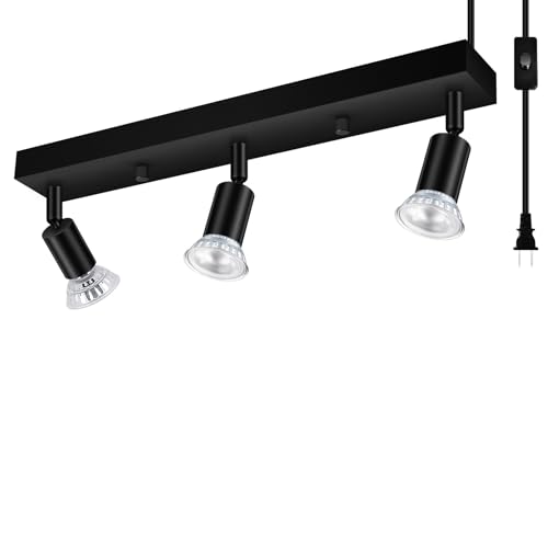 3 Head Plug in Track Light Fixture Black, Easy Install Corded Track Lighting Kit with Switch, Adjustable Directional Spotlight for Kitchen Island Closet Art Display, Modern Ceiling Lamp,15ft Cord