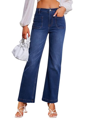 Genleck Wide Leg Jeans for Women – High Waisted Stretch Front Patch Pockets Trendy Jeans Baggy Mom Tummy Control Denim Pants
