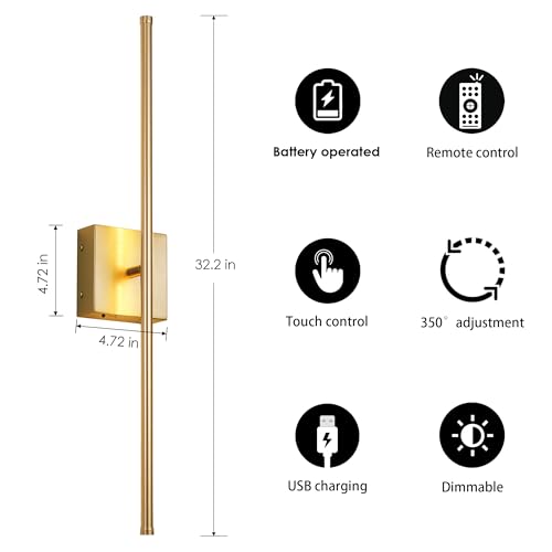 Image of KARTOOSH 32.2 Inch Wall Sconces Battery Operated for Living Room Gold | Rechargeable Wireless Wall Lamp Set of 2, 3000K Warm White Dimmable Wall Light Remote Control Indoor Lighting for Bedroom