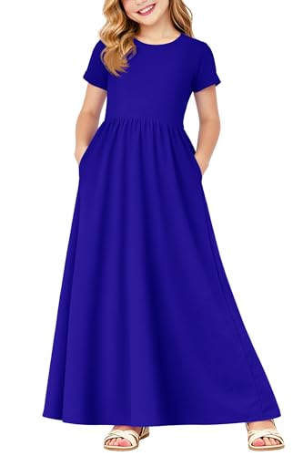 Image of Deerose Girls Maxi Dress Short Sleeve Casual Long Dresses with Pockets 5-14 Years