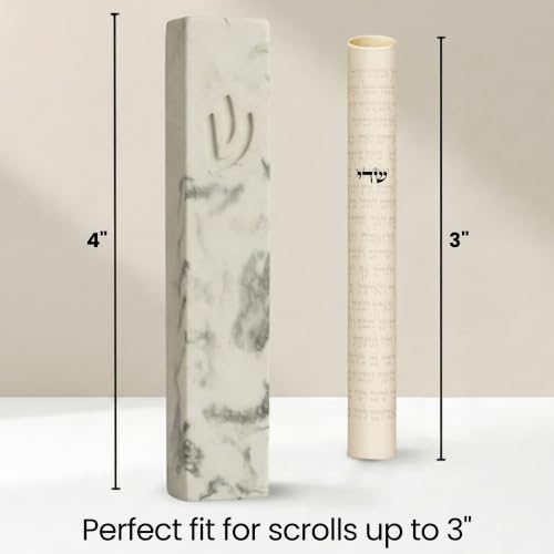 Image of SURI Concrete Mezuzah for Door - Self-Stick Modern Mezuza Case with Non Kosher Scroll & Gift Box | Marble White, 4 inch & 5 inch Mezuzahs with Scroll for Door | Judaica Gift