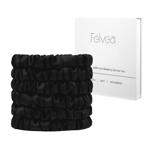 Feivea Silk Hair Ties 6Pcs 22 Momme Pure 100% Mulberry Silk Scrunchies for Women No Damage Silk Scrunchies for Hair Black