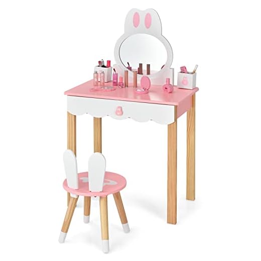 COSTWAY Set Mesa Tocador y Silla para Niños, Set Tocador para Niños con Espejo, Cajones, Mesa de Maquillaje para Niños y Niñas (Rosa)