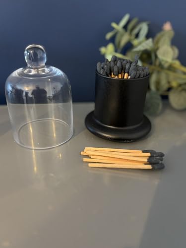 Black tip matches in glass cloche bell jar luxury candle care gift present set (Clear and black)