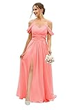 TEARMEILY Beach Bridesmaid Dresses Coral for Wedding V Neck Chiffon A Line Formal Long Evening Gown with Slit US8