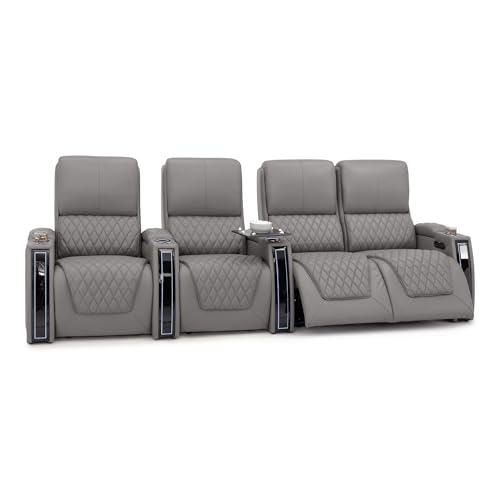 Image of Seatcraft Apex Gray Italian Leather Home Theater Seating, Zero Gravity Power Recliner Chair, Powered Headrest and Lumbar Gaming and Lounge Sofa Furniture for Cinema Room, Row of 4 Right Loveseats