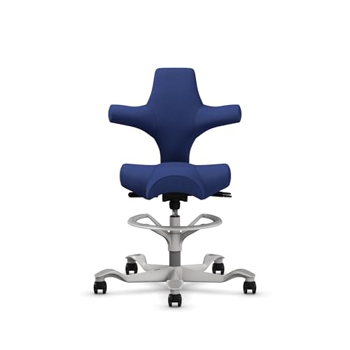 Image of HAG Capisco Sit to Stand Chair-Silver Frame-Upholstered Cobalt Blue-with Foot Ring