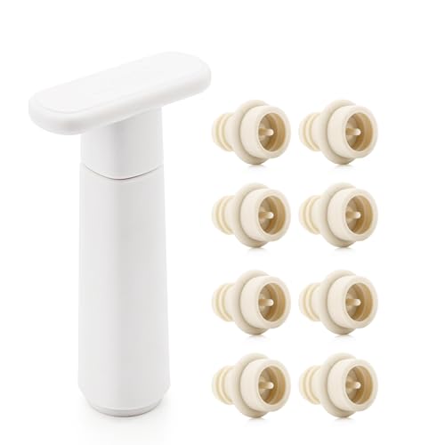 Image of WOTOR Wine Saver Vacuum Pump with 8 Stoppers, Wine Stopper & Preserver, Reusable Bottle Sealer Keeps Fresh, Ideal Accessories Gift, Flat Handle (White)