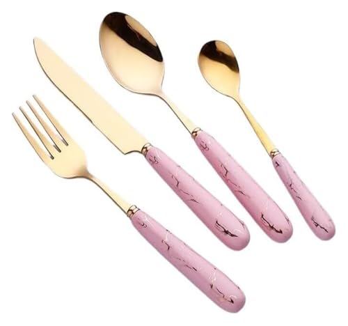 エレガントな大理石のエメラルド食器セット - クリエイティブなセラミックハンドルのステンレススチール製フラットウェアセット(Pink)